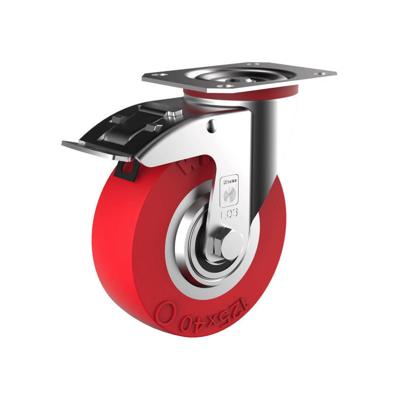 Roulette pivotante à frein, diamètre 125 fixation à platine ,polyuréthane ROUGE, charge 200 Kg