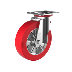 Roulette pivotante, diamètre 200 fixation à platine ,polyuréthane ROUGE, charge 400 Kg
