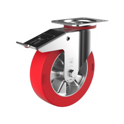 Roulette pivotante à frein, diamètre 200 fixation à platine ,polyuréthane ROUGE, charge 400 Kg